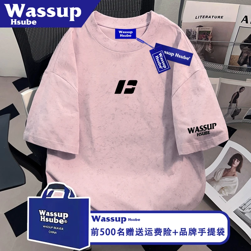 WASSUP夏季纯棉时尚男女同款上衣粉色蜡染T恤ins潮牌创意印花短袖