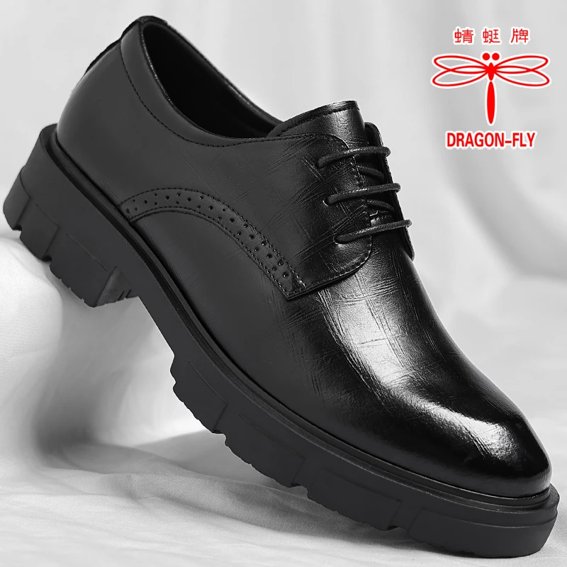 蜻蜓牌男士商务正装皮鞋内增高男鞋秋冬新款加绒保暖百搭黑色鞋子