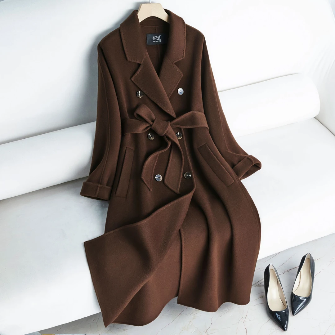 咖色101801双面羊绒大衣女中长款气质双排扣秋冬高级感羊毛呢外套