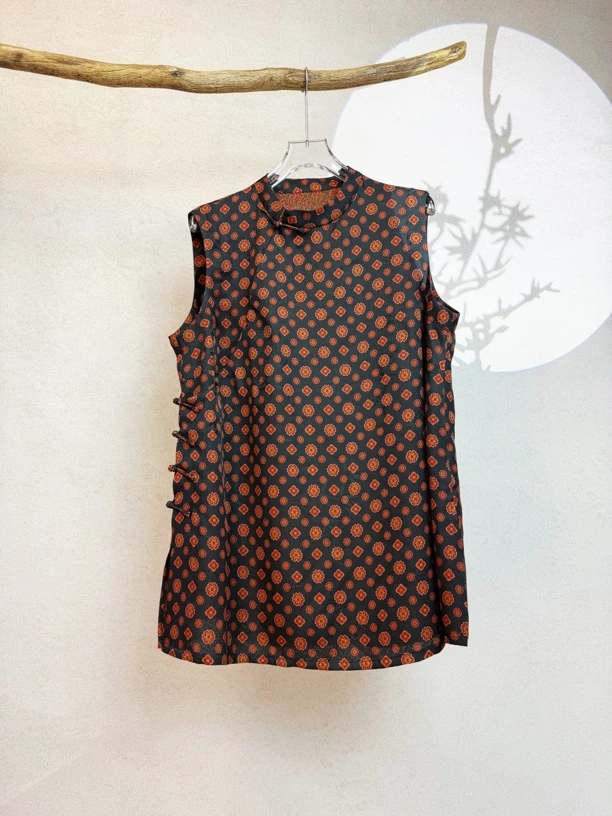 宝相花桑蚕丝100%绞罗红云纱小立领大开襟奥黛马甲背心大码