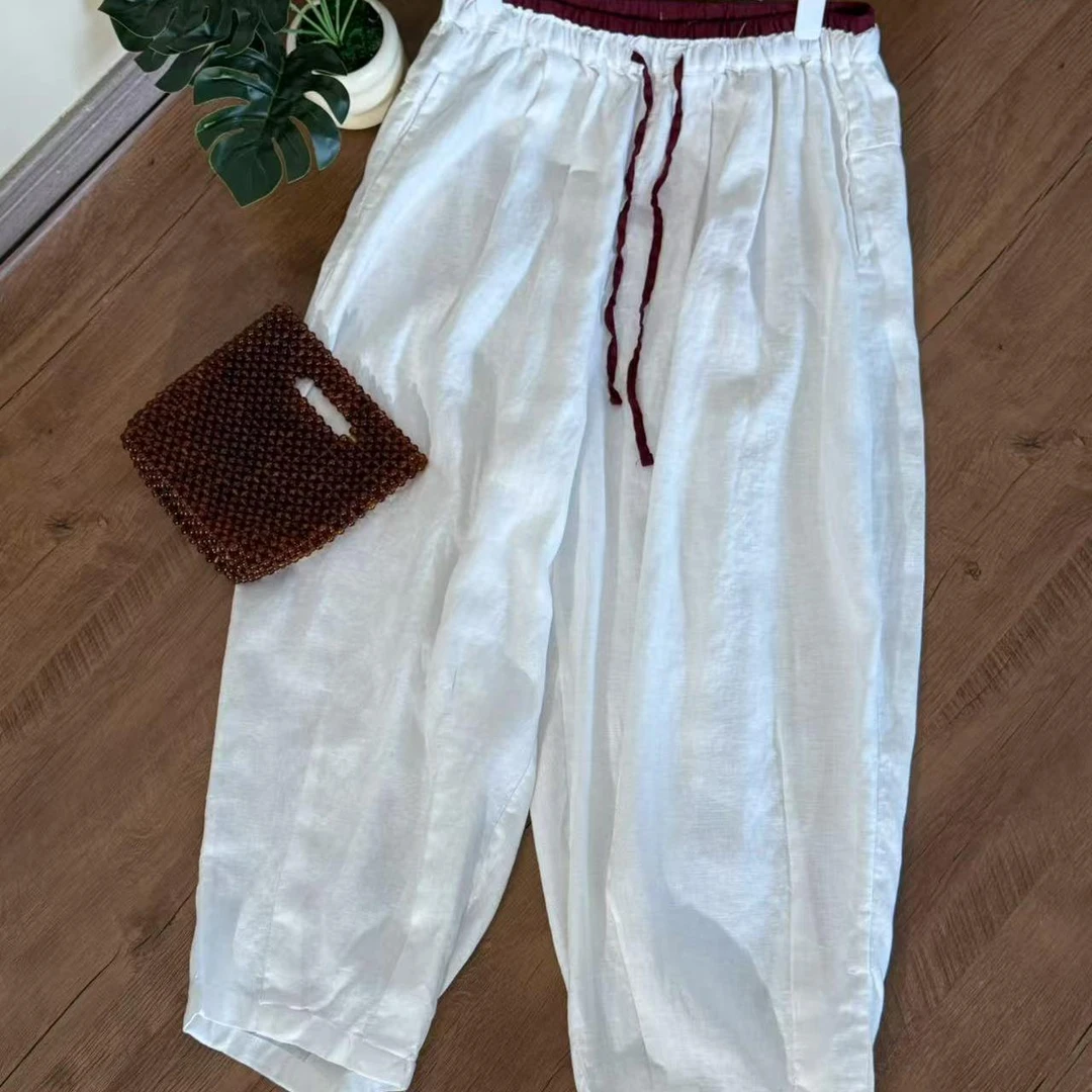 【云目悠悠】春夏季纯汉麻拼色女士宽松老爹裤-2025199