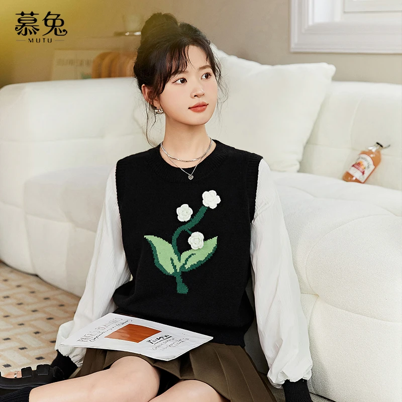慕兔法式假两件长袖毛衣针织衫女2024秋季新款高级感立体花朵上衣