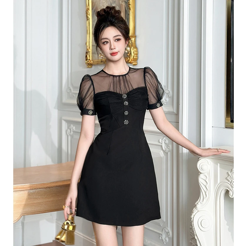 【童童定制】新款时尚网纱拼接纯欲风气质名媛显瘦优雅连衣裙9083