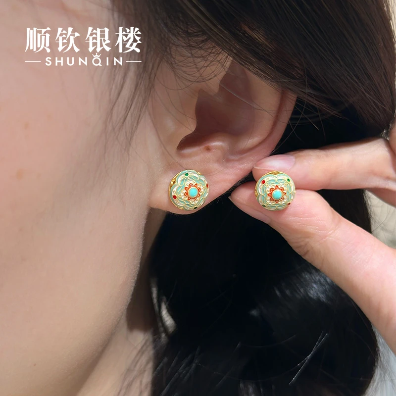 顺钦银楼 925银珐琅耳饰 【绮罗香耳钉】925设计高级精致描金耳钉