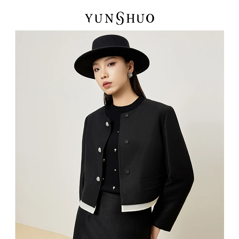 允硕春季新品时尚百搭气质黑色女拼色短款风衣圆领正肩外套455484