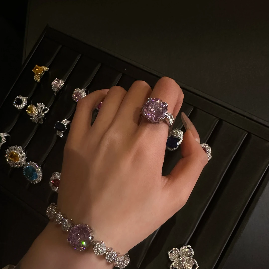 925银锆石戒指 满钻手链10克拉戒指套装