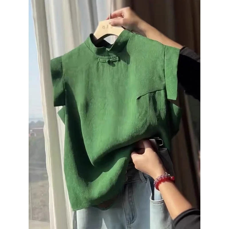 显瘦修身洋气新中式小众复古绿色旗袍领短款修身无袖衬衫女夏季