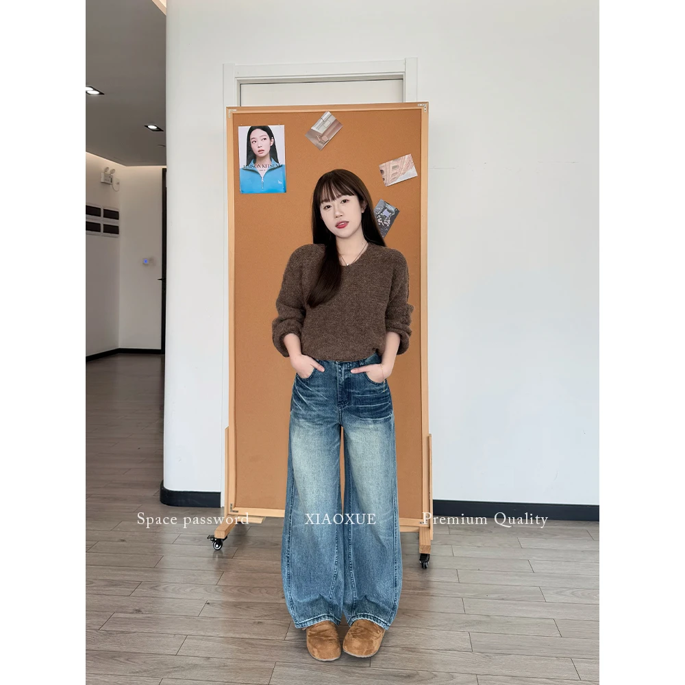 XIAOXUE/阔腿牛仔裤女小个子2025年早秋新款复古蓝设计感直筒裤子