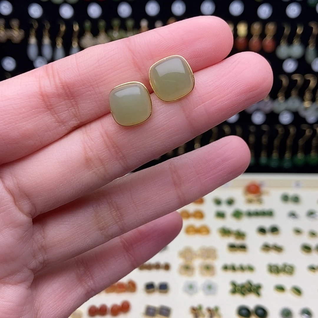 和田玉银S925镀金镶嵌耳饰