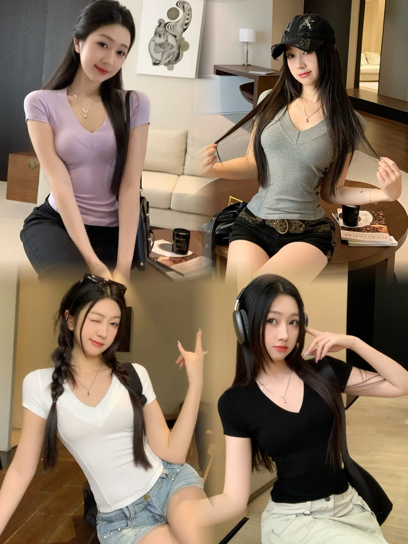 设计感小众性感深V领修身内搭正肩短款短袖上衣女辣妹显瘦打底T恤