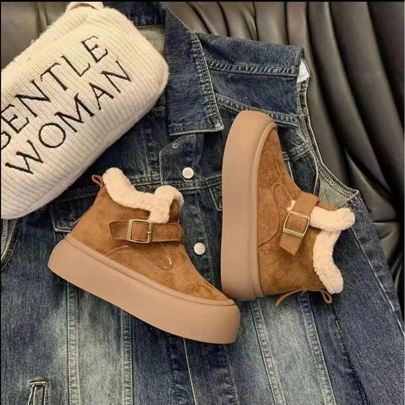 HTT 厚底勃肯鞋女2024冬季新款时尚加绒保暖棉鞋百搭雪地靴