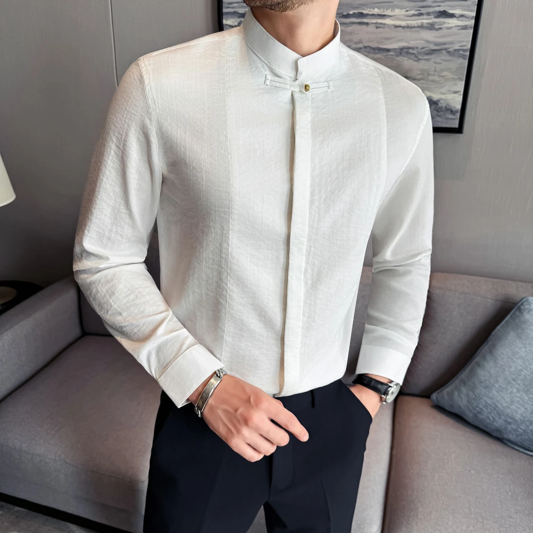 中式雅韵立领盘扣衬衫男长袖高端质感男士轻奢复古商务休闲衬衣