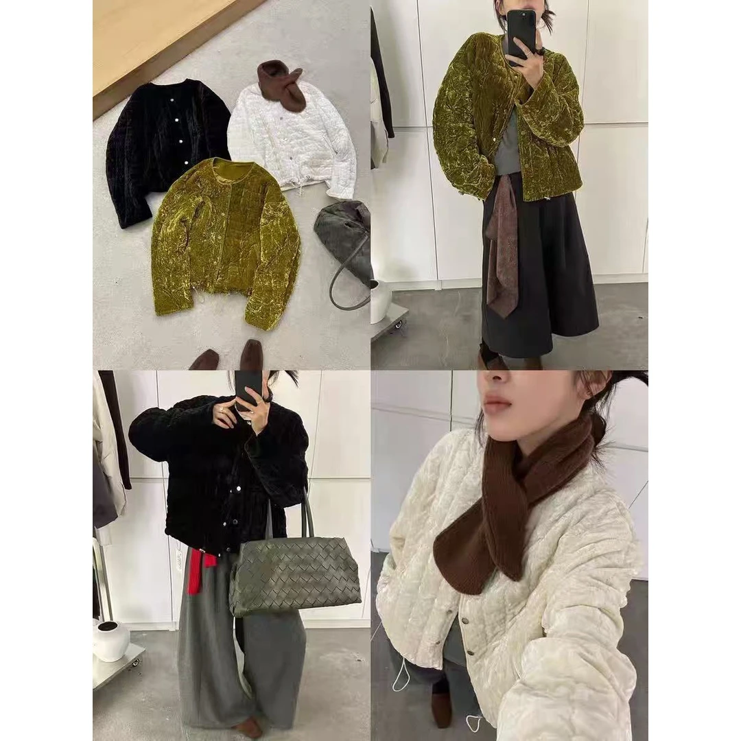 2025秋冬新款韩版宽松显瘦百搭圆领菱形格棉服女短款夹棉外套