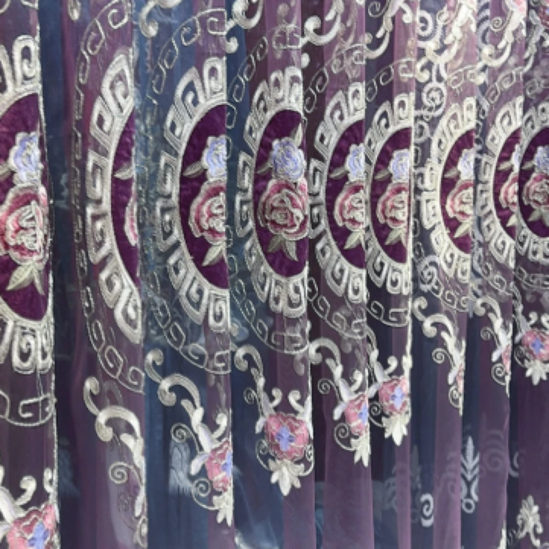 高品质紫色国色天香绣花窗纱
