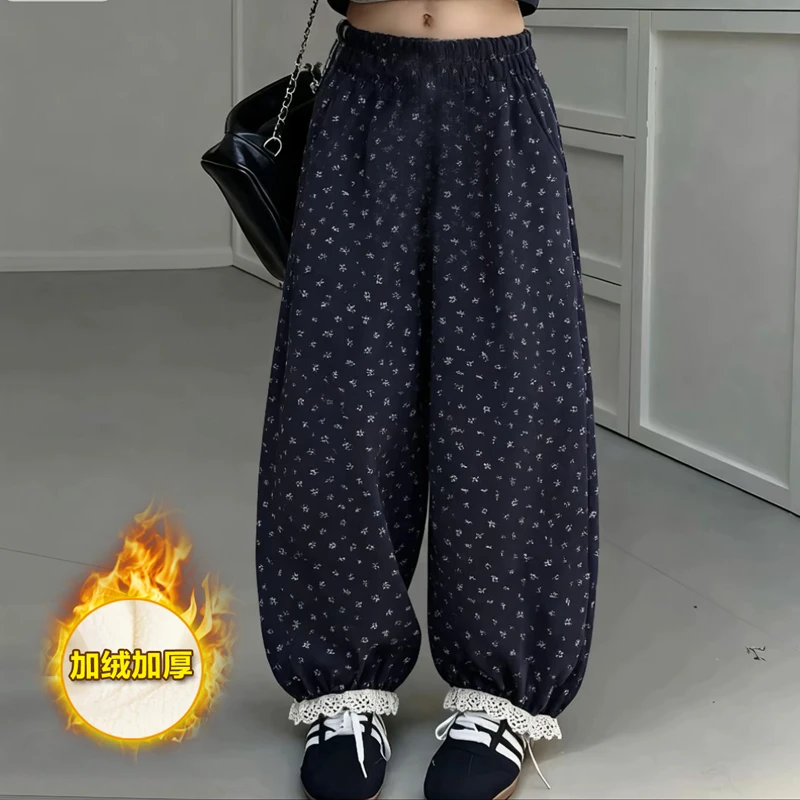 女童秋冬季加绒加厚小碎花版松腰中大童休闲束脚小女孩洋气裤子