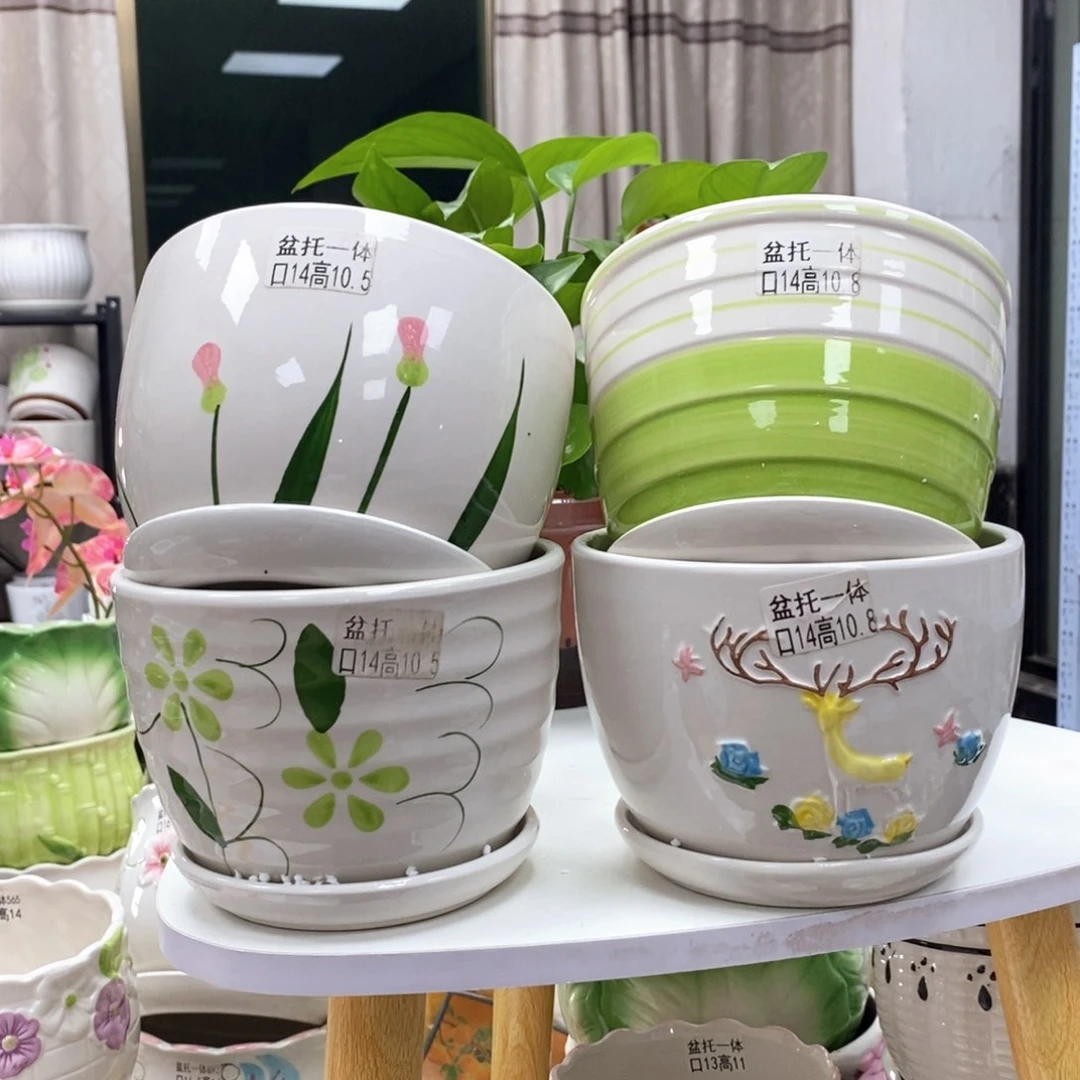 @陶瓷花盆@@四个手绘
