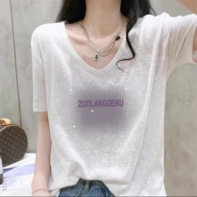 大码U领印花上衣女2025新款雪花棉白色百搭夏季薄款短袖遮肉T恤衫