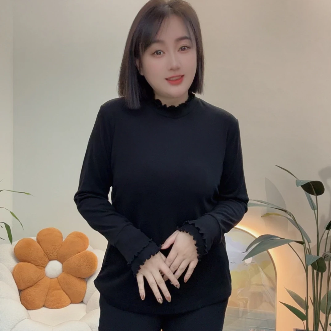 小爽家^冬季双面绒半高领双层木耳边长袖打底时尚显瘦百搭上衣T恤