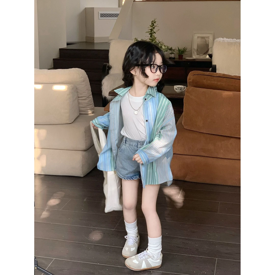 韩版休闲轻薄条纹衬衣儿童2025春夏装长袖时髦女童防晒洋气衬衫