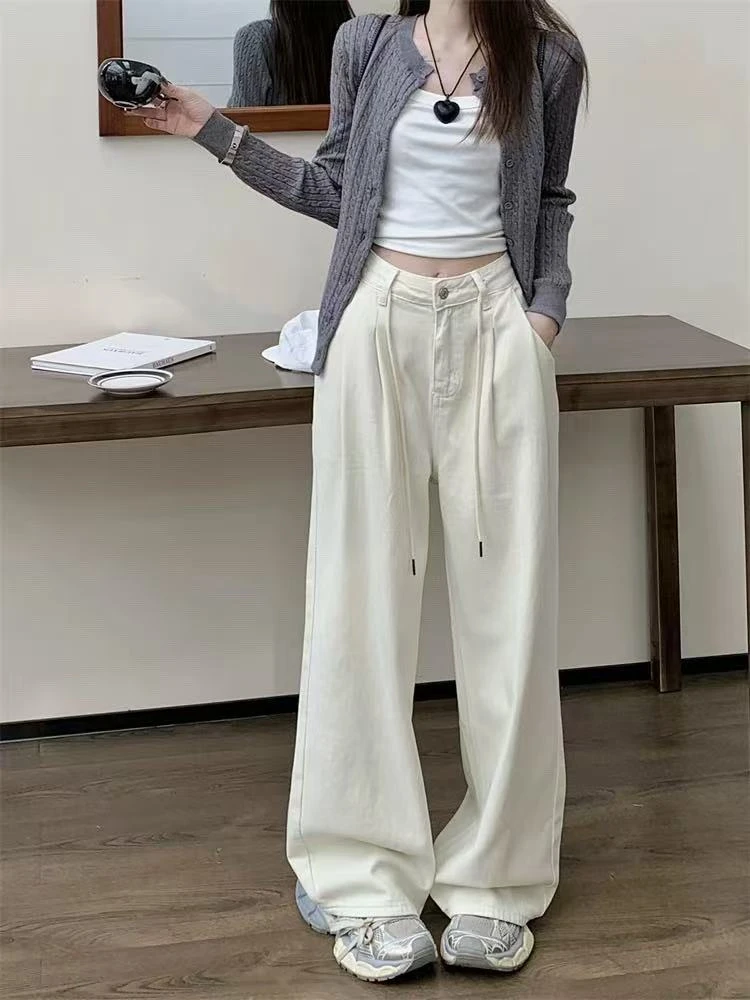 258秋季新款美式宽松休闲简约气质百搭小众抽绳设计感直筒牛仔裤