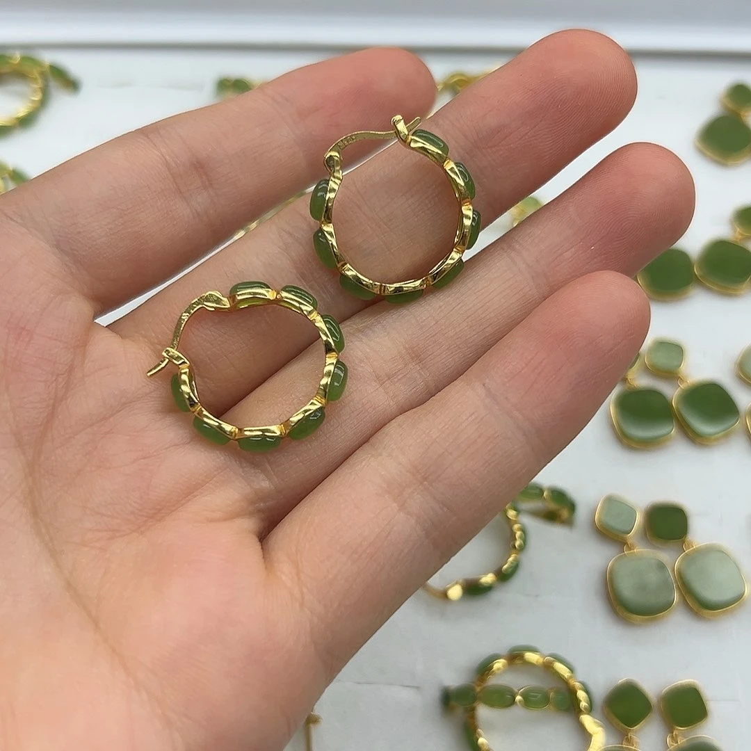 银S925镶嵌和田玉耳饰泡*