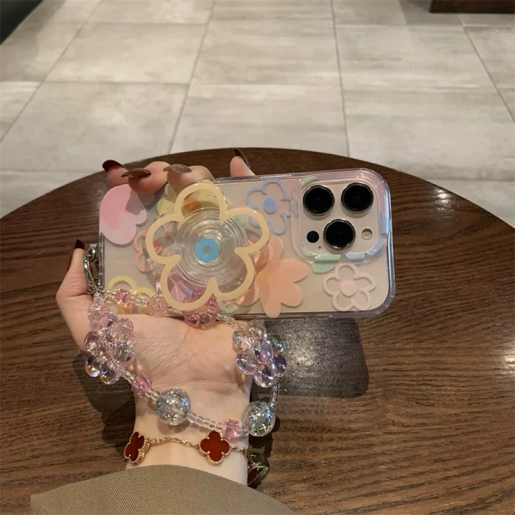 新款粉黄花朵支架链条适用苹果16promax手机壳iPhone15pro新14pro