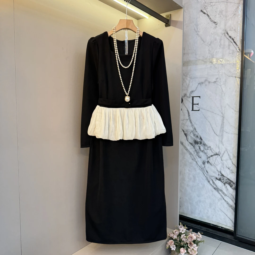 秋新款荷叶边拼接设计法式高级感小香风气质方领显瘦连衣裙88379