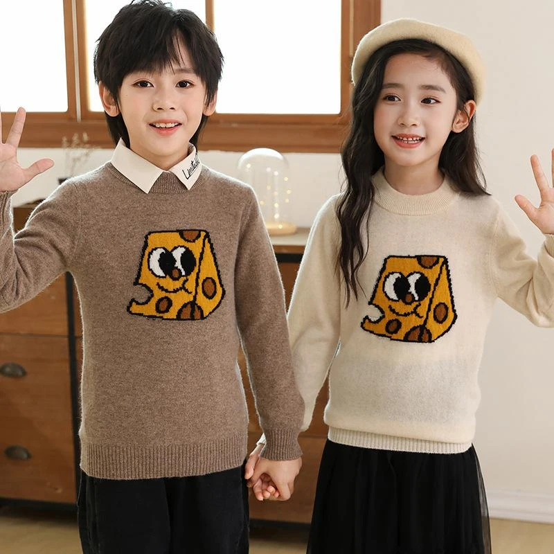100%纯羊毛衫男童秋冬款女童海绵宝宝套头毛衣圆领儿童针织打底衫