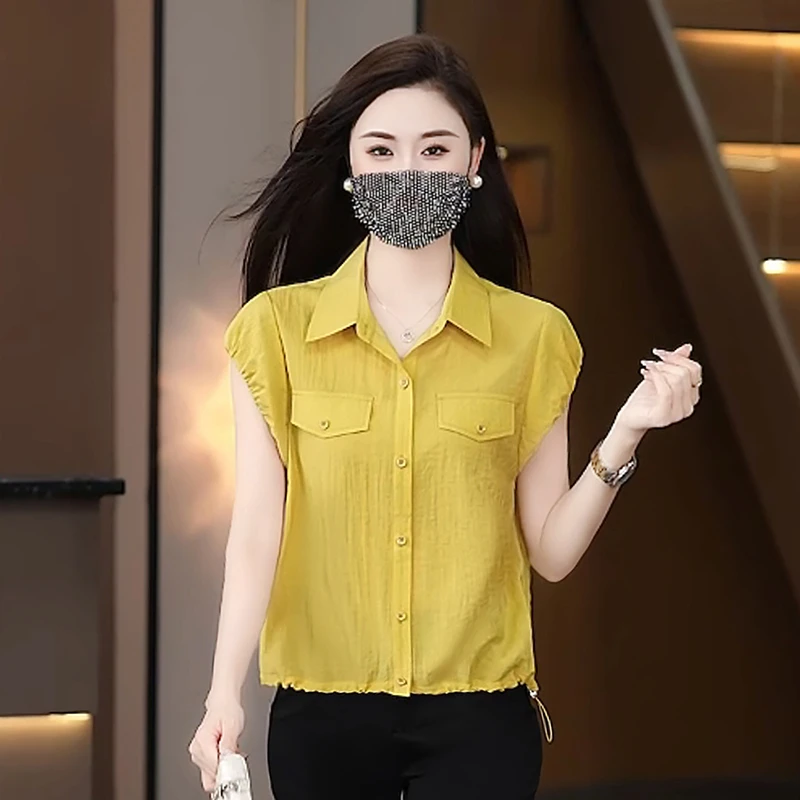 黄色短袖衬衫女夏季2025新款洋气小衫时尚减龄显瘦遮肚子女士上衣