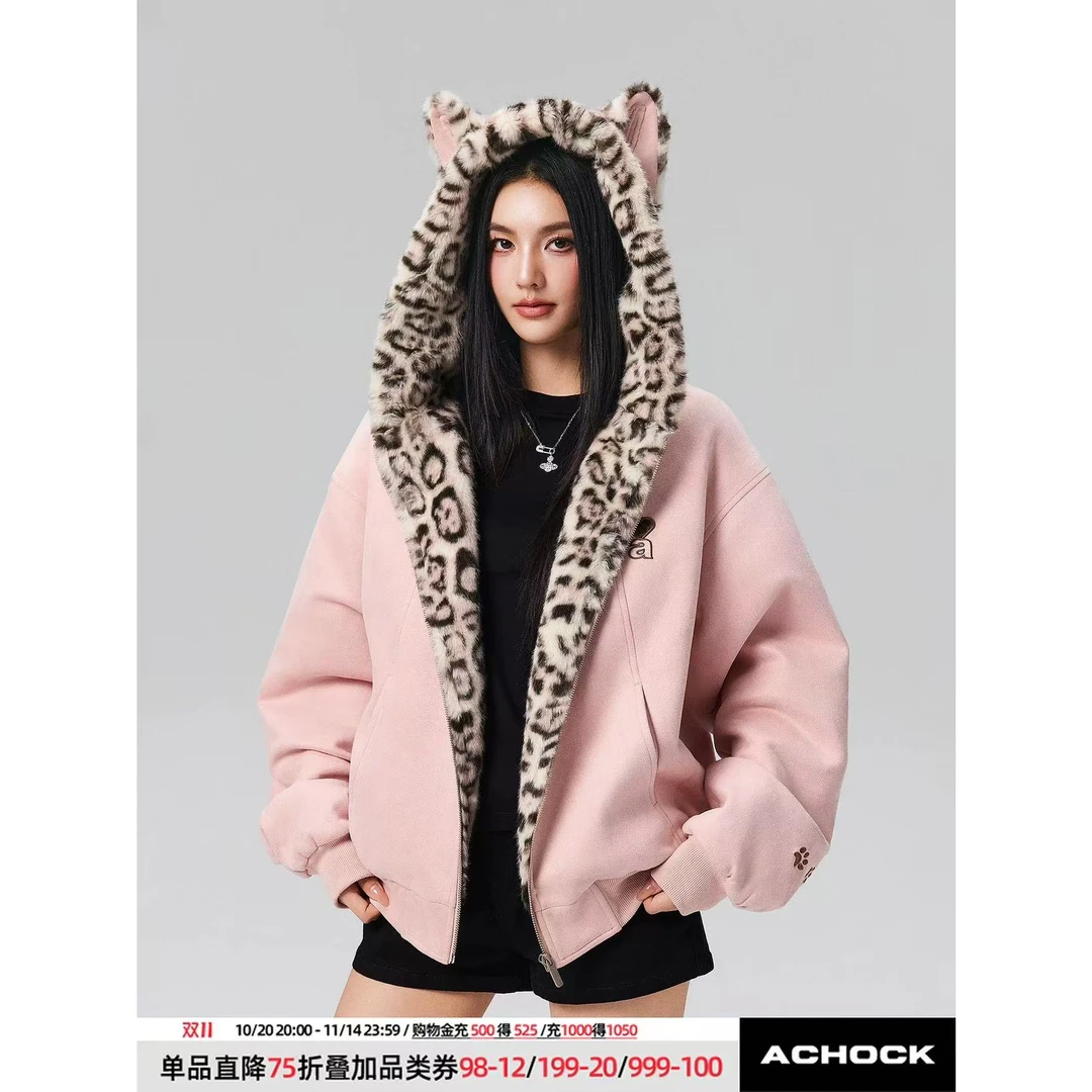 Acahoocckk官方秋冬可爱兔耳保暖卫衣豹纹内里拉链连帽加绒外套