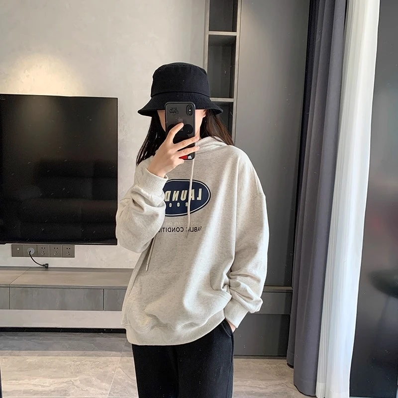 胖mm300斤连帽卫衣女春秋薄款新款韩版宽松带帽套头字母印花潮ins