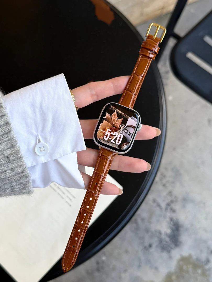 漆面细款竹节纹皮质表带适用苹果iWatchs11s10s9s8s76高级感SE321