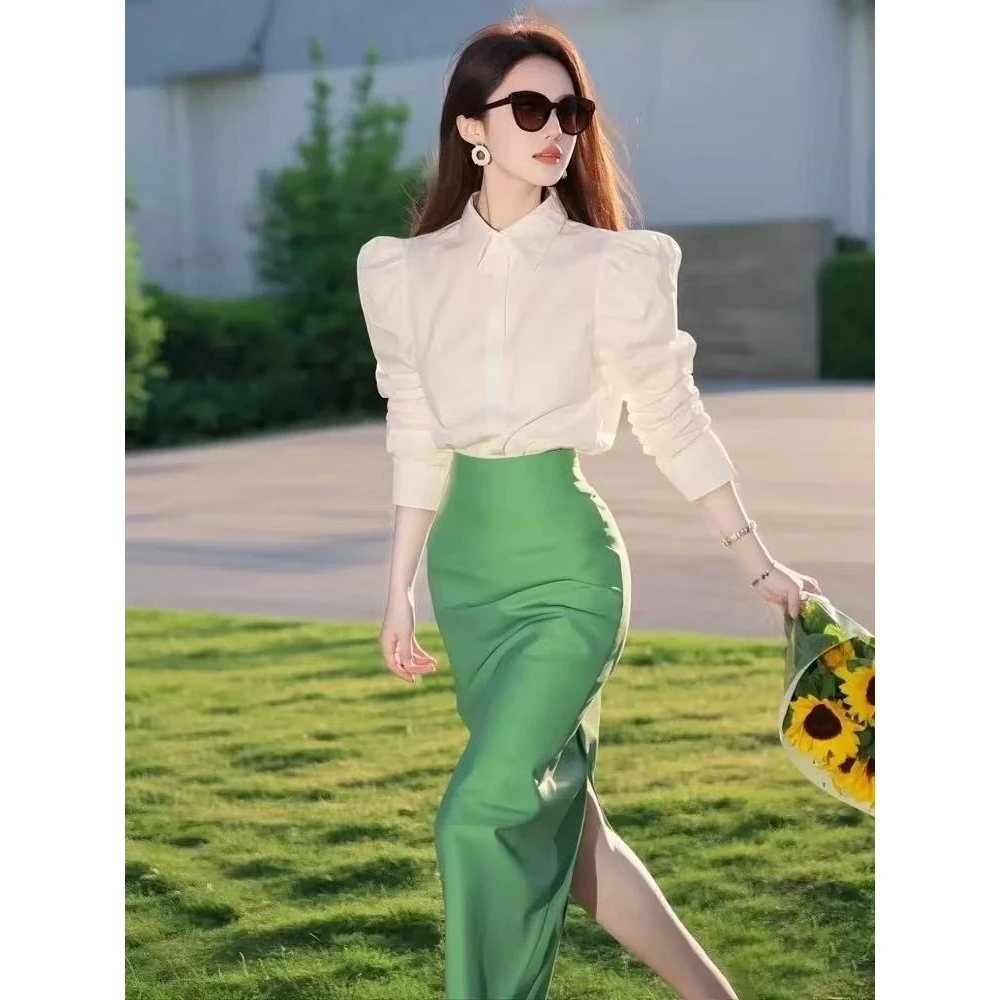 2025春今年新款高级感小香风独特漂亮多巴胺衬衫绿色半身裙套装女