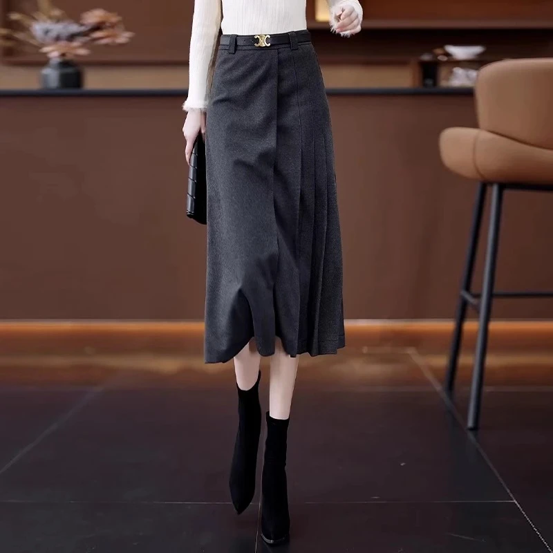 灰色毛呢半身裙女秋冬季新款高腰显瘦休闲裙百搭修身a字中长款裙
