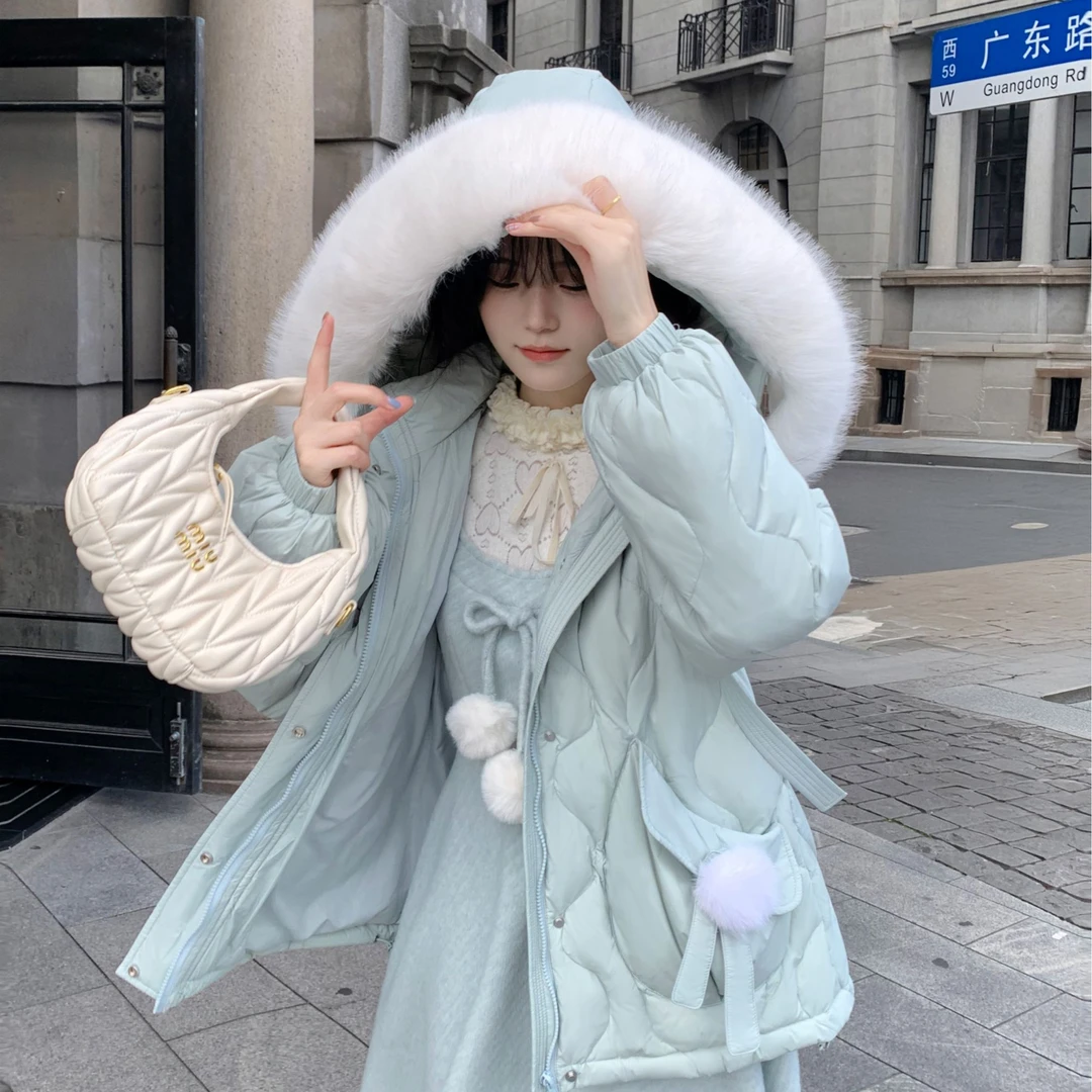 Blovelan【现货】苍山赴雪 90白鸭绒宽松保暖连帽浪花绿保暖羽绒服