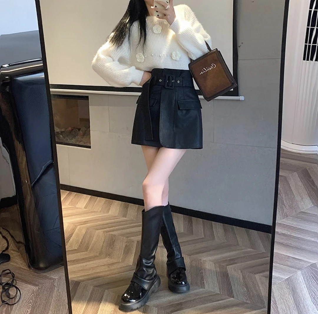 小众设计感pu皮半身短裙子新款别致工装风高腰包臀裙送腰带