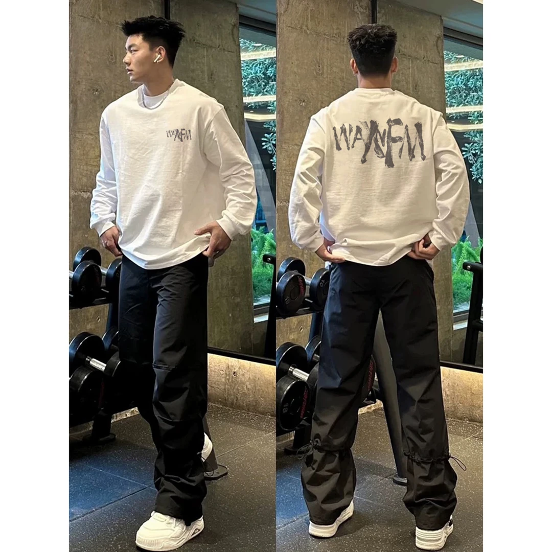 美式街头创意字母印花长袖T恤男女秋冬宽松纯棉重磅oversize上衣