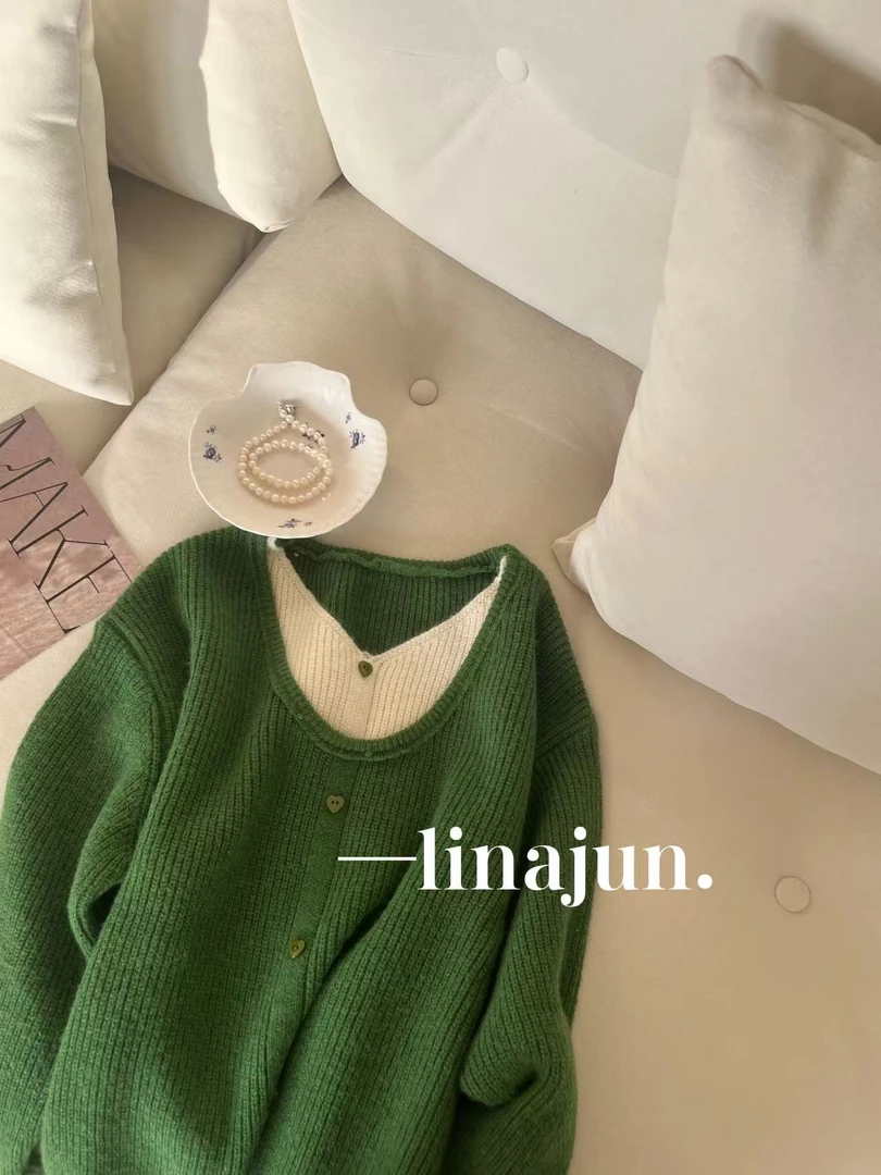 8.2秋季新款百搭复古韩系温柔风撞色假两件针织毛衣