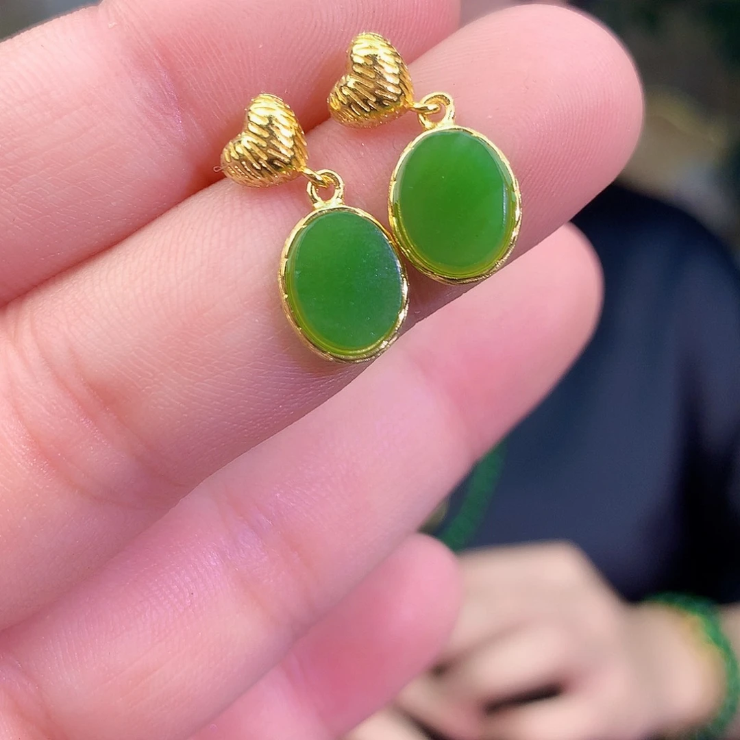 吊坠(不含链)银S925镶嵌和田玉（碧玉）耳钉