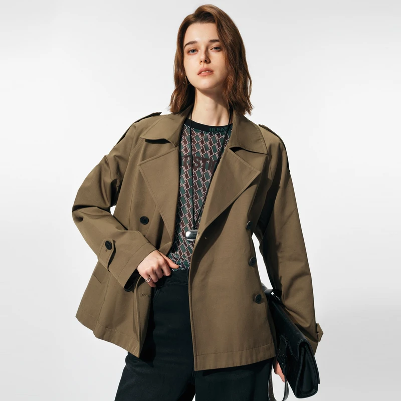 U/TI 深卡其西装翻驳领宽松暗纹内衬英伦风复古风一手长风衣外套