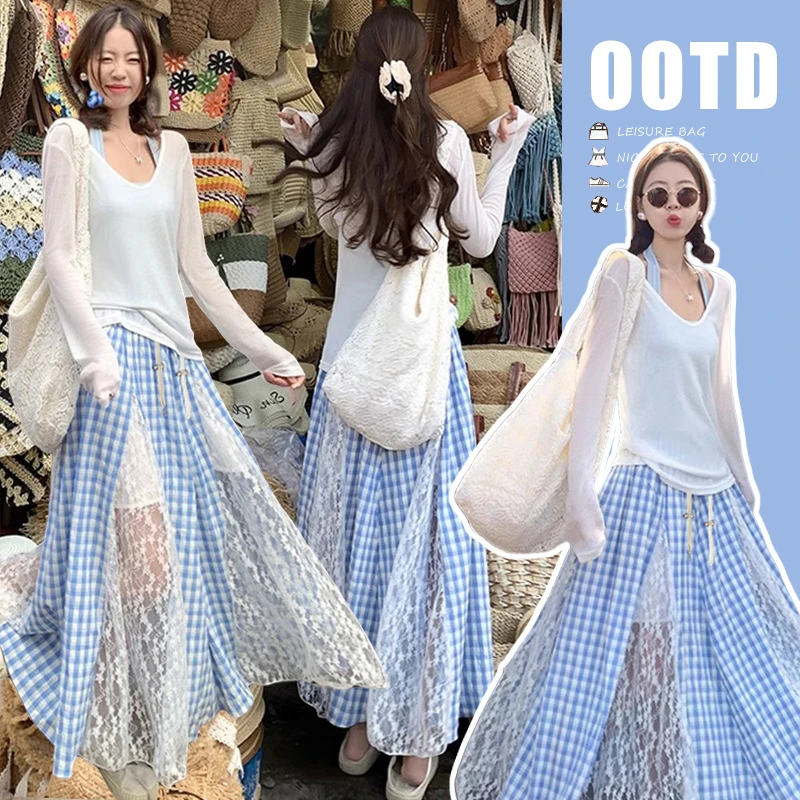 2025新款防晒吊带两件套＋韩系孕妇抽绳蓝格蕾丝拼接a字半身裙套装
