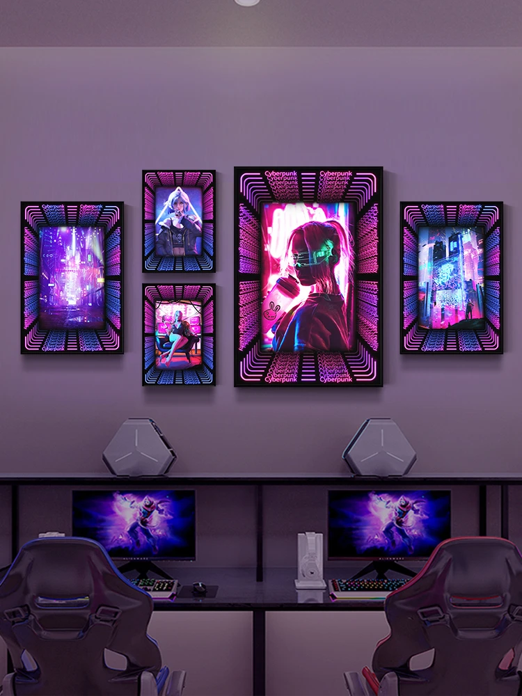 赛博朋克风挂画酒吧电竞房酒店发光装饰画深渊镜千层镜发光灯箱画