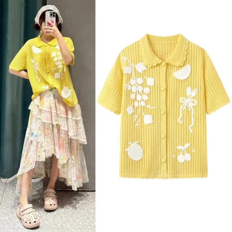 【D107】2025早秋新款黄色短袖针织开衫