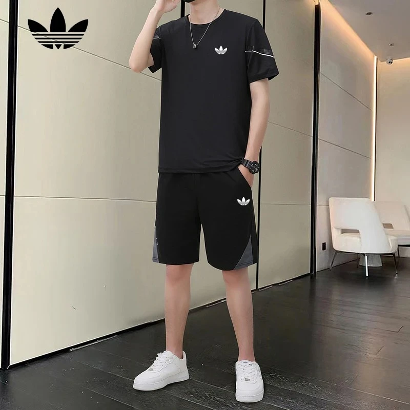 阿迪精选三叶草男士夏季冰丝速干短袖t恤运动休闲套装短裤两件套
