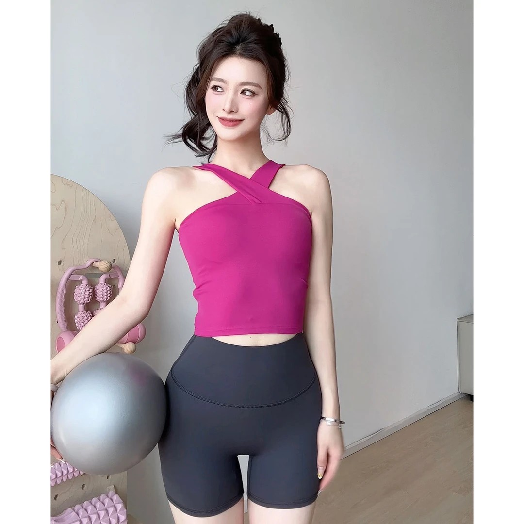 gogoyoga运动内衣交叉挂脖瑜伽背心纯欲气质性感美背固定杯上衣