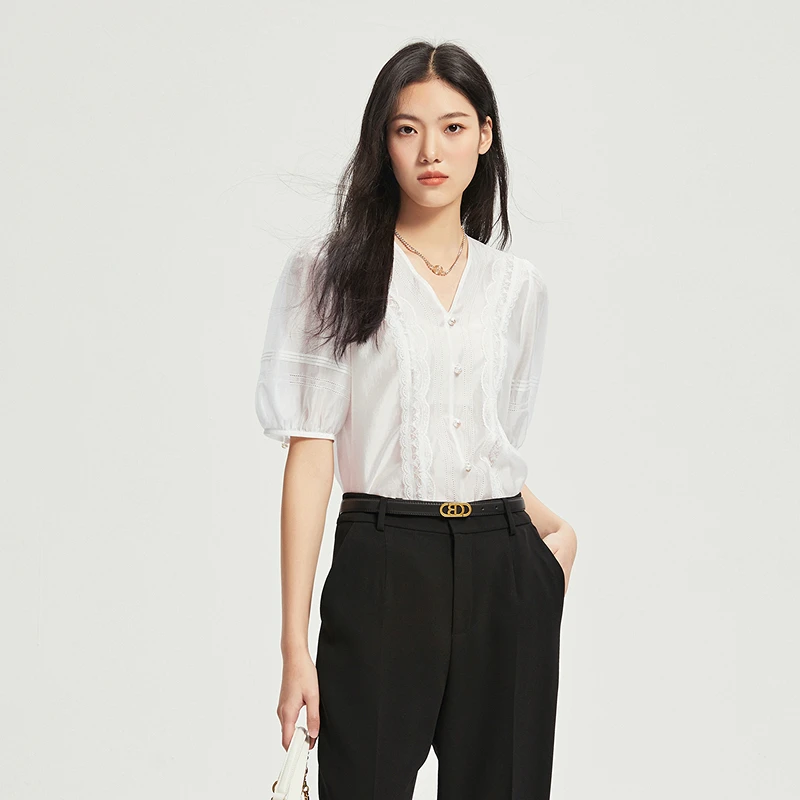 芭蒂娜白色莱赛尔蕾丝衫短款上衣132M001下架