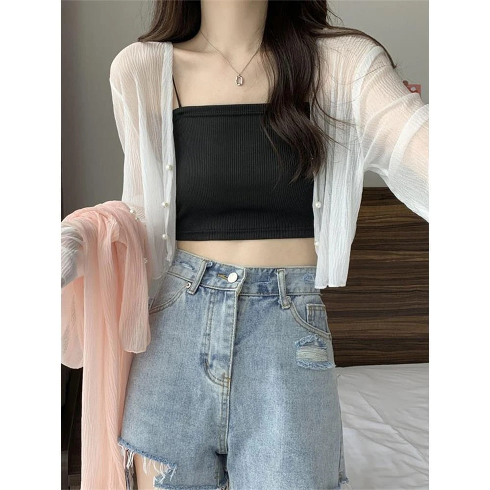 白色针织开衫女夏季薄款吊带外搭小坎肩披肩外套短款冰丝上衣