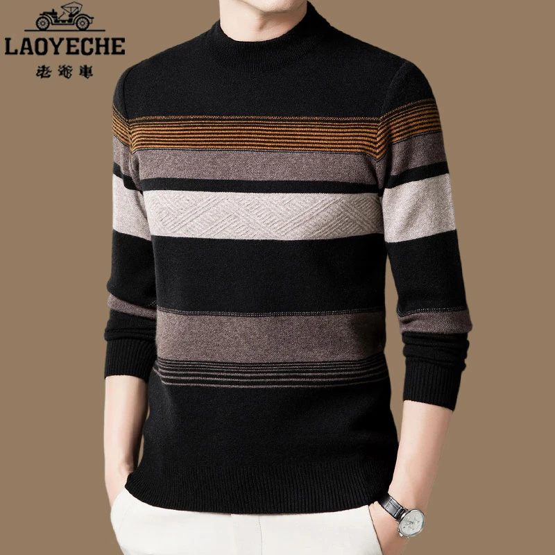 【高端品牌 老爷车】半高领加厚男士毛衣秋冬条纹保暖针织打底衫