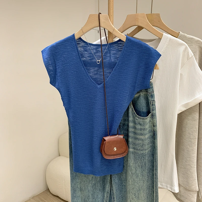 蓝色v领露锁骨短袖针织衫女夏季修身薄款飞飞袖打底内搭气质上衣