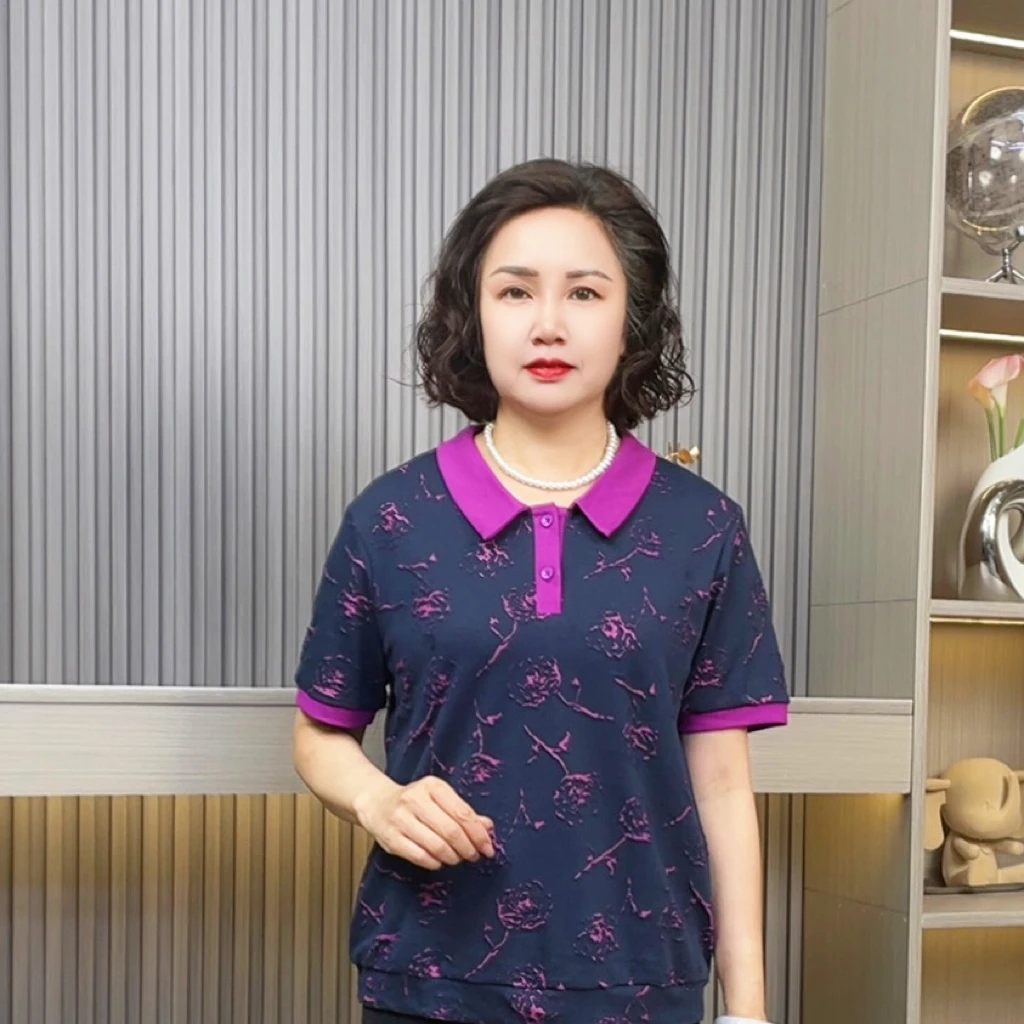 娃娃领提花常规植物花卉短袖T恤妈妈装休闲夏季女士运动上衣